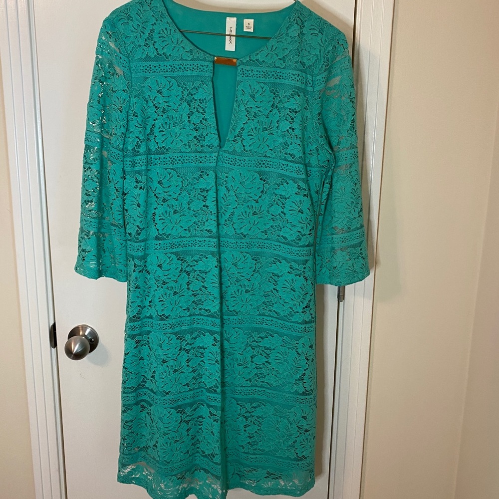 Cute A-line teal dress with gold accent. Sz: Small